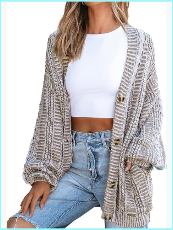 Sweaters - Oversized Chunky Knit Cardigan Sweater with Pockets, Open Front